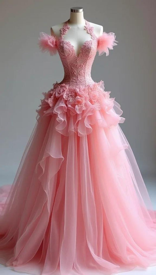 Vestido de novia largo de tul con encaje y escote en V, corte A, color melocotón, ED02108