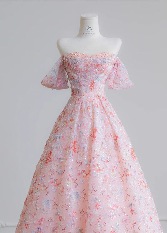 Hermoso vestido de novia rosa con hombros descubiertos, corte A, de tul y apliques de lentejuelas, para quinceañeras ED02110