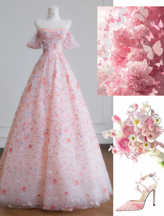 Hermoso vestido de novia rosa con hombros descubiertos, corte A, de tul y apliques de lentejuelas, para quinceañeras ED02110