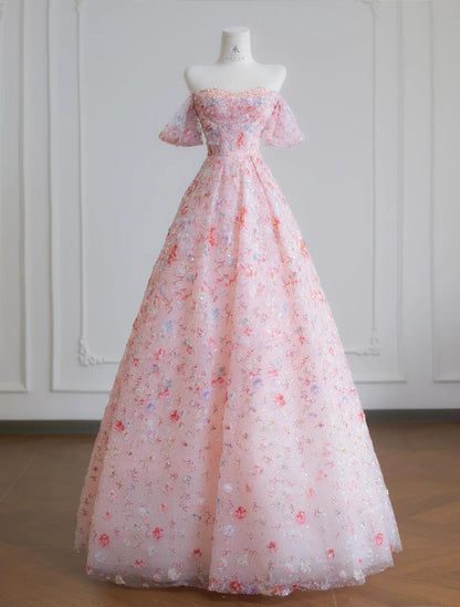 Hermoso vestido de novia rosa con hombros descubiertos, corte A, de tul y apliques de lentejuelas, para quinceañeras ED02110