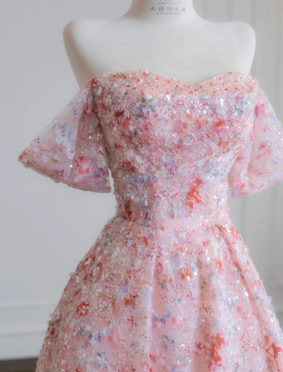 Hermoso vestido de novia rosa con hombros descubiertos, corte A, de tul y apliques de lentejuelas, para quinceañeras ED02110