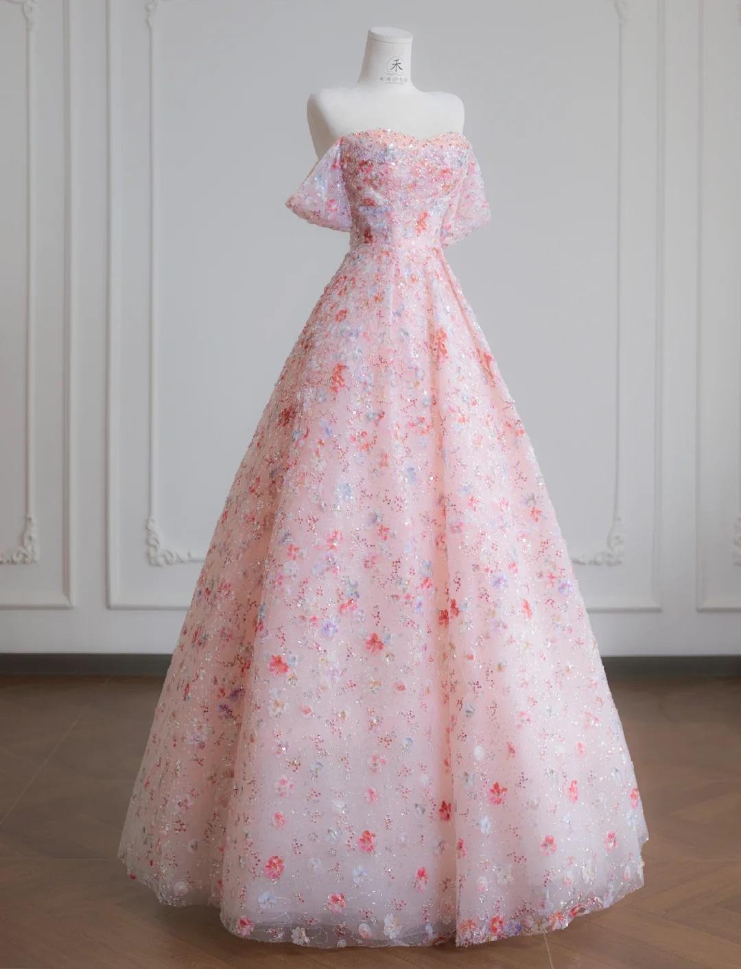 Hermoso vestido de novia rosa con hombros descubiertos, corte A, de tul y apliques de lentejuelas, para quinceañeras ED02110