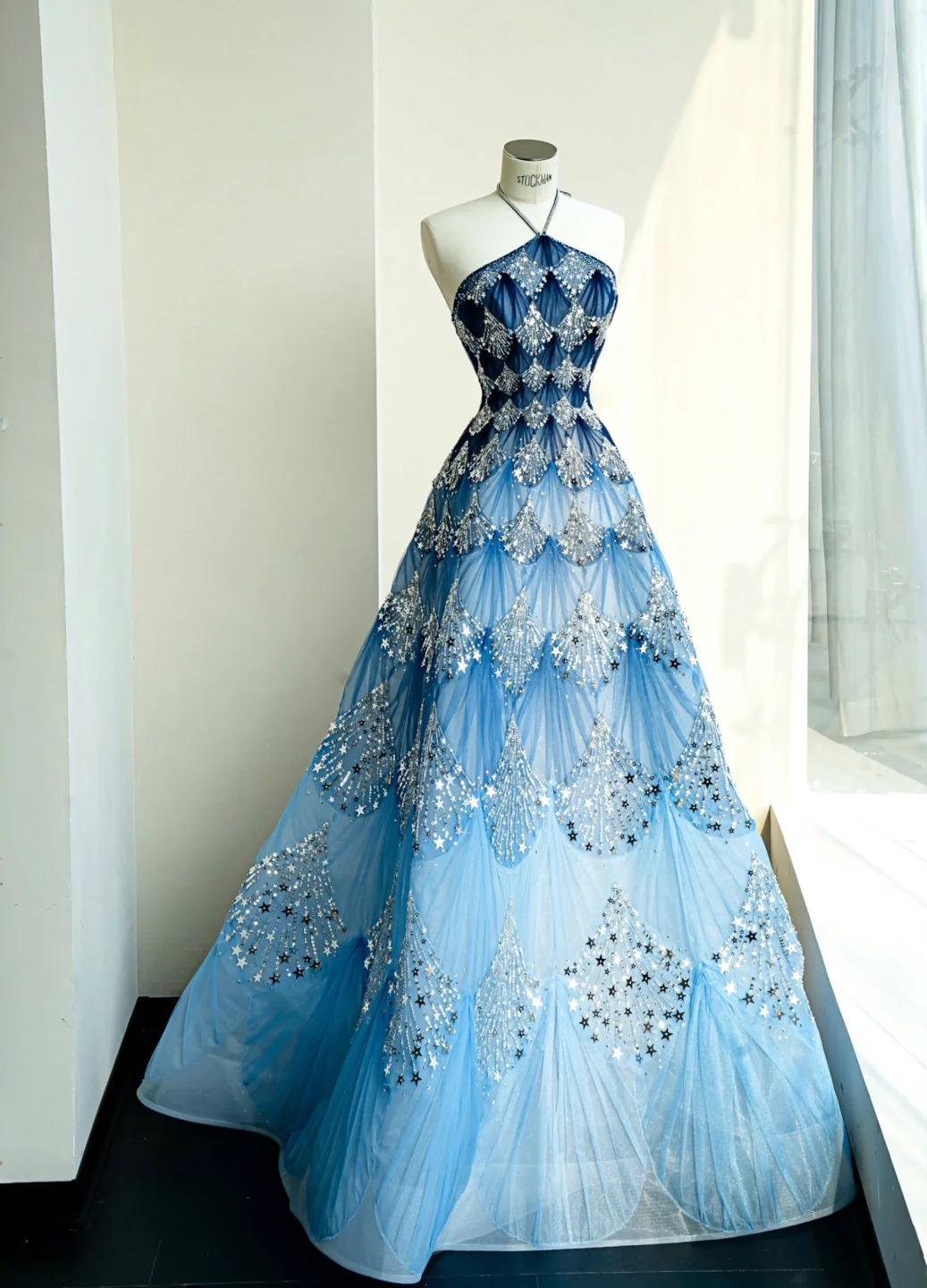 Vestido de novia largo de tul con lentejuelas y cuello halter en azul océano, estilo elegante, ED02111