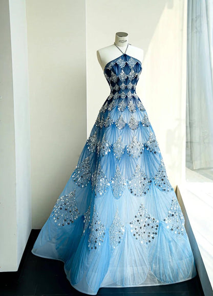 Vestido de novia largo de tul con lentejuelas y cuello halter en azul océano, estilo elegante, ED02111