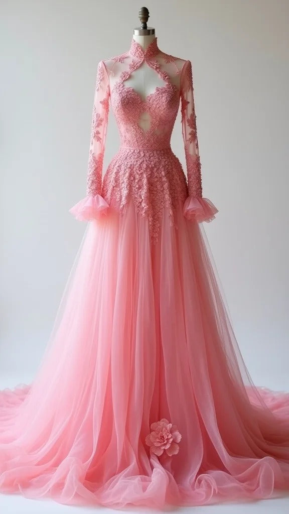 Vestido de novia elegante color melocotón con escote en forma de A, de tul y encaje con apliques ED02112