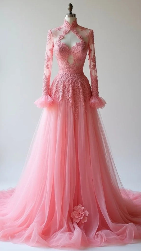 Vestido de novia elegante color melocotón con escote en forma de A, de tul y encaje con apliques ED02112