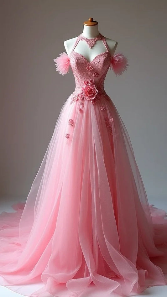 Hermoso vestido de novia de tul, sin mangas, con escote en V y cola, corte A y apliques de encaje ED02117
