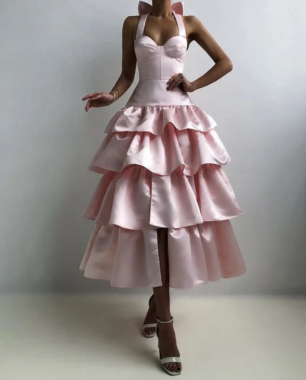 Vestido de dama de honor rosa, corte A, cuello halter, escote imperio, sin mangas, de satén, con capas y lazo ED02118