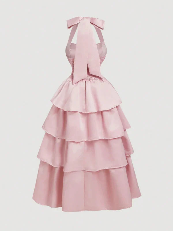 Vestido de dama de honor rosa, corte A, cuello halter, escote imperio, sin mangas, de satén, con capas y lazo ED02118