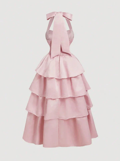 Vestido de dama de honor rosa, corte A, cuello halter, escote imperio, sin mangas, de satén, con capas y lazo ED02118