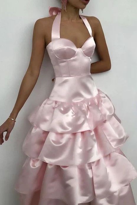 Vestido de dama de honor rosa, corte A, cuello halter, escote imperio, sin mangas, de satén, con capas y lazo ED02118