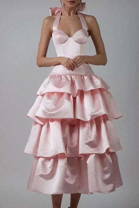 Vestido de dama de honor rosa, corte A, cuello halter, escote imperio, sin mangas, de satén, con capas y lazo ED02118