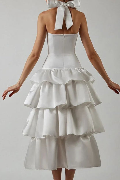 Vestido de dama de honor rosa, corte A, cuello halter, escote imperio, sin mangas, de satén, con capas y lazo ED02118
