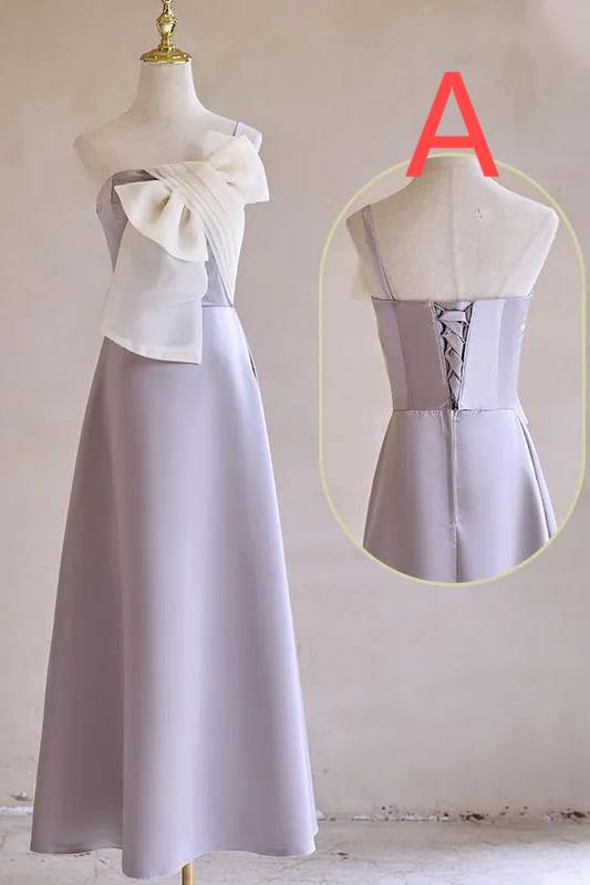 Vestido de dama de honor de satén morado con lazo, corte A, elegante vestido de noche formal ED02119