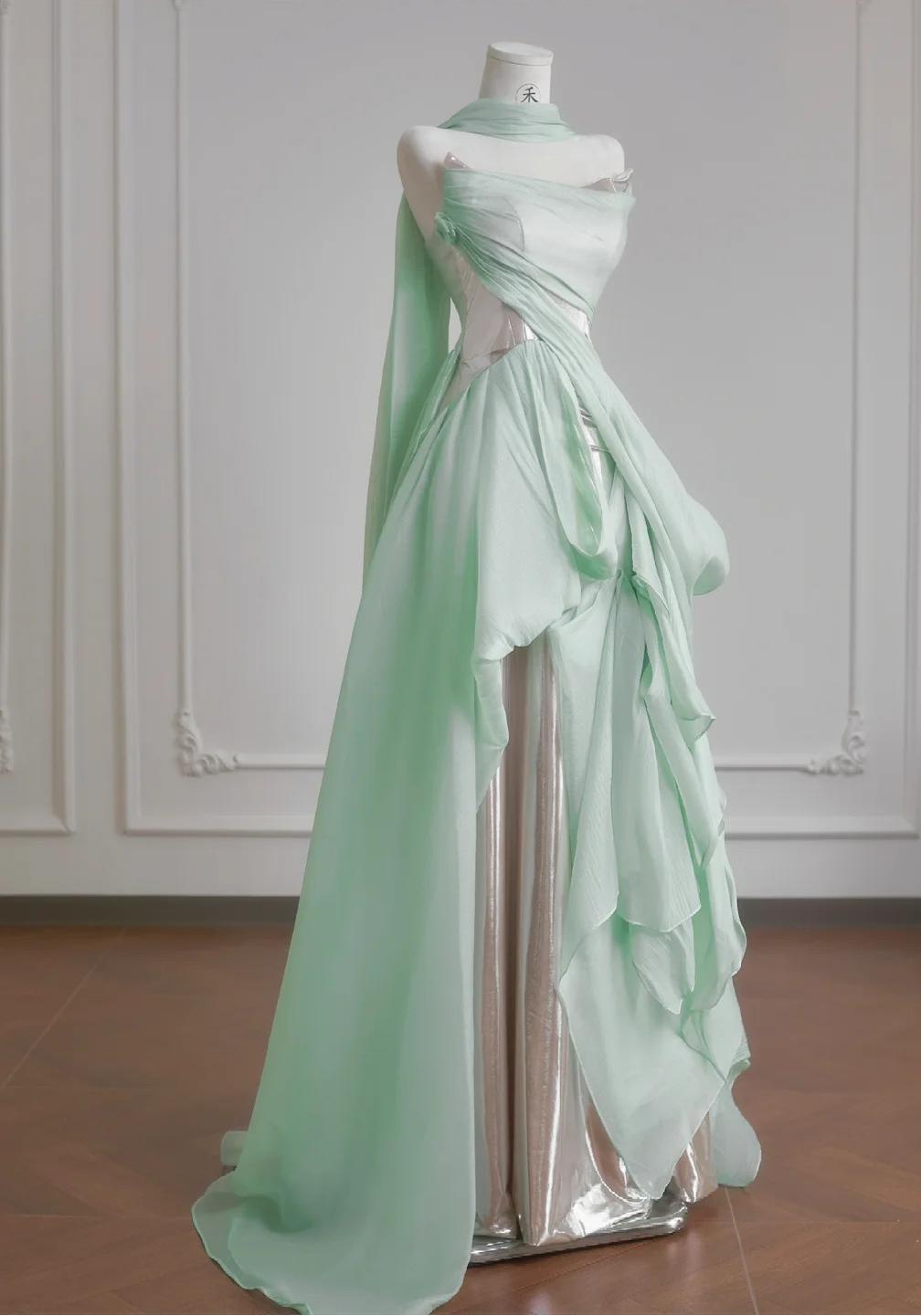 Vestidos de novia únicos en verde claro, corte A, de gasa, largos, sin tirantes, para fiesta, ED02121