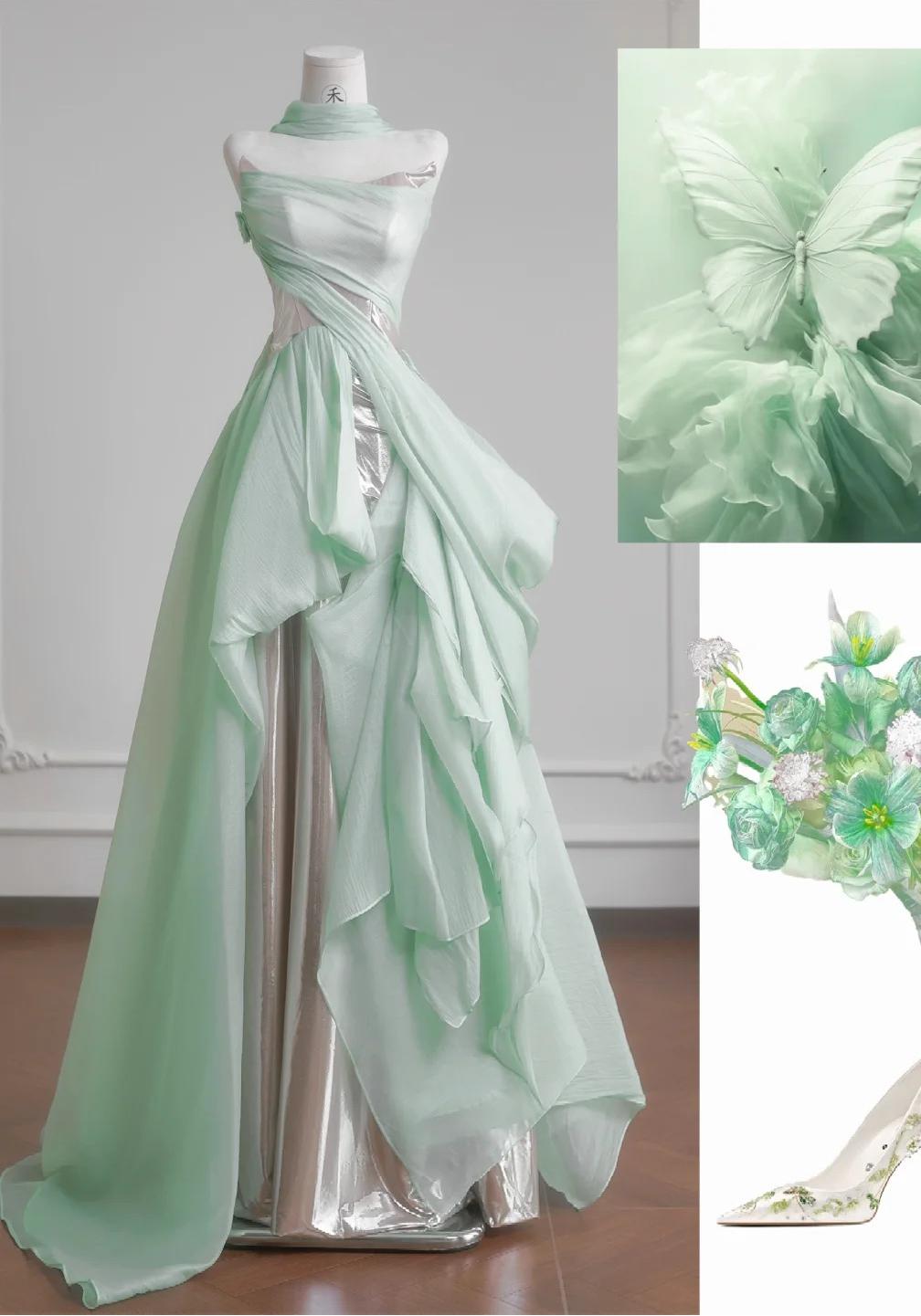 Vestidos de novia únicos en verde claro, corte A, de gasa, largos, sin tirantes, para fiesta, ED02121