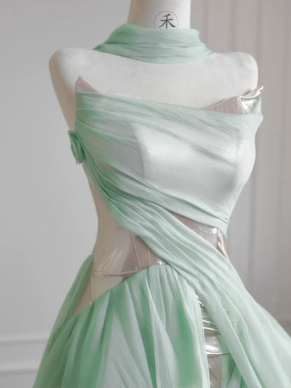 Vestidos de novia únicos en verde claro, corte A, de gasa, largos, sin tirantes, para fiesta, ED02121