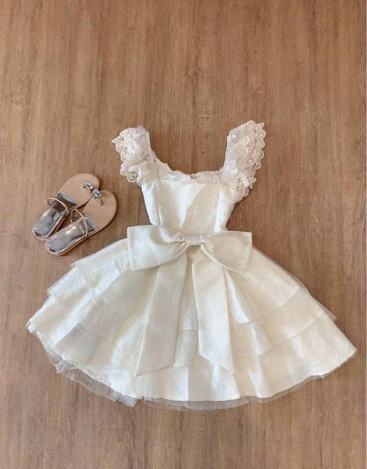 Vestido de fiesta corto retro de encaje con capas y lazo de tul ED02125