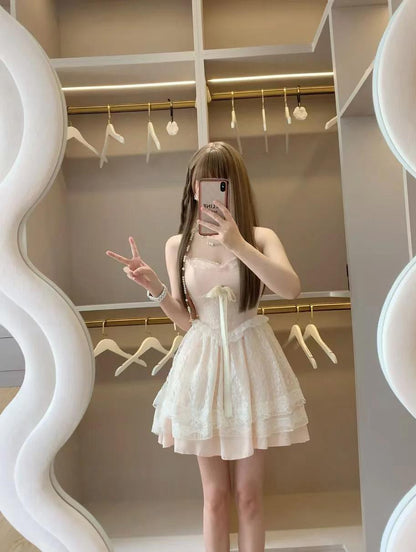Vestido de fiesta de satén rosa con corte en A y encaje con tirantes finos, corto, ED02132