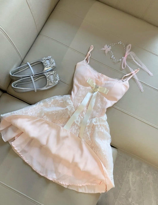 Vestido de fiesta de satén rosa con corte en A y encaje con tirantes finos, corto, ED02132