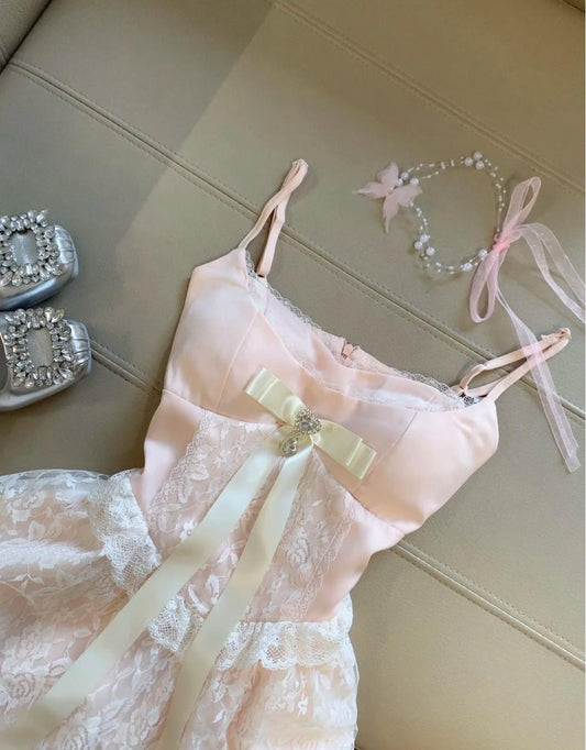 Vestido de fiesta de satén rosa con corte en A y encaje con tirantes finos, corto, ED02132