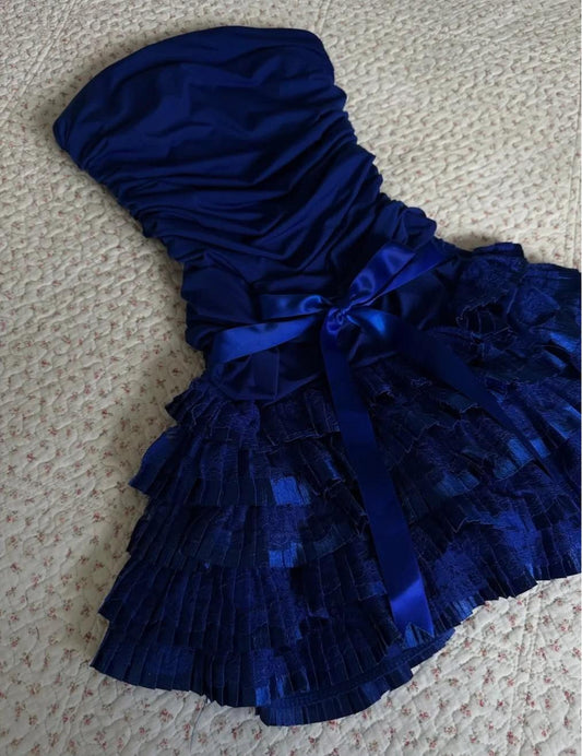 Vestidos de fiesta cortos de gasa con encaje y sin tirantes color zafiro oscuro vintage, vestidos de bienvenida dulces ED02135