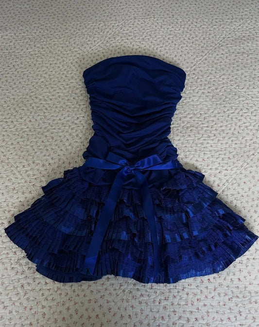 Vestidos de fiesta cortos de gasa con encaje y sin tirantes color zafiro oscuro vintage, vestidos de bienvenida dulces ED02135