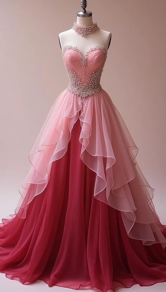 Precioso vestido de novia color melocotón sin tirantes, corte en A, escote corazón, tul con cuentas, largo para fiesta ED02136