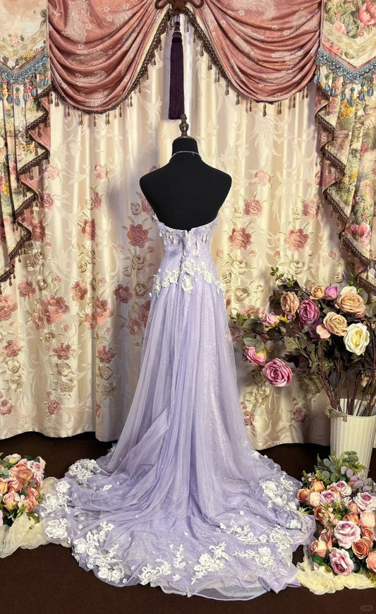 Fairytale Purple Strapless Beaded Tulle A-Line Long Prom Dresses ED02142