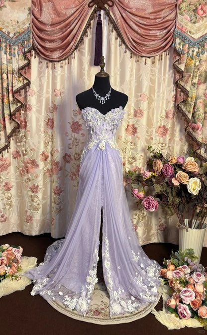 Fairytale Purple Strapless Beaded Tulle A-Line Long Prom Dresses ED02142
