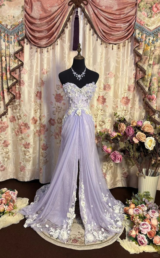 Fairytale Purple Strapless Beaded Tulle A-Line Long Prom Dresses ED02142