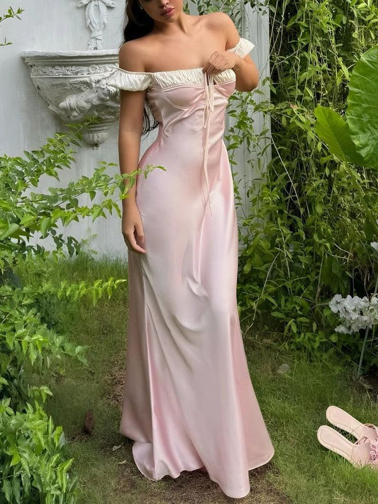 Elegante vestido de noche de satén con hombros descubiertos, preciosos vestidos de fiesta ED02144