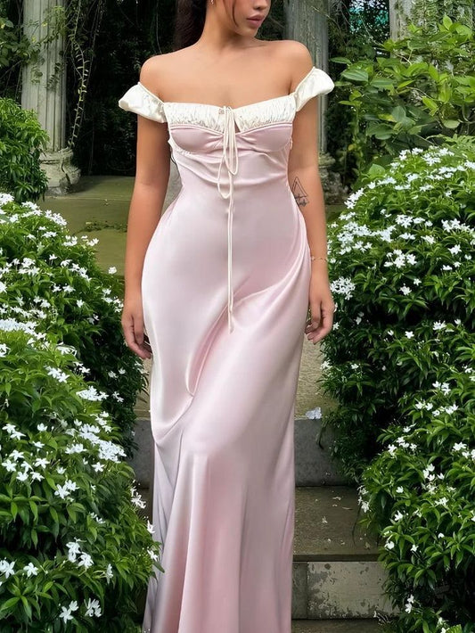 Elegante vestido de noche de satén con hombros descubiertos, preciosos vestidos de fiesta ED02144