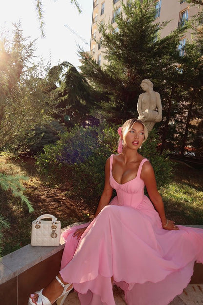 Vestido de dama de honor de gasa con tirantes finos en color rosa dulce, corte A, para fiesta, ED02146