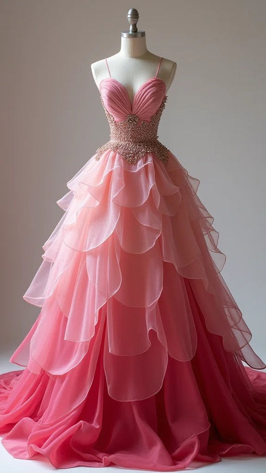 Hermoso vestido de novia largo de gasa con tirantes finos en color melocotón degradado y cuentas, corte A, ED02148