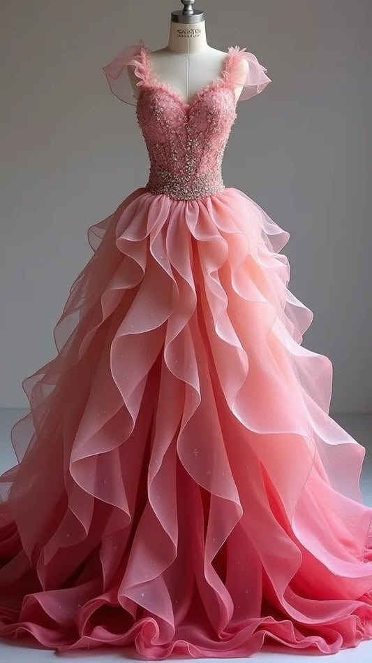 Vestido de novia largo de gasa con escote corazón y cuentas, corte A, ED02150