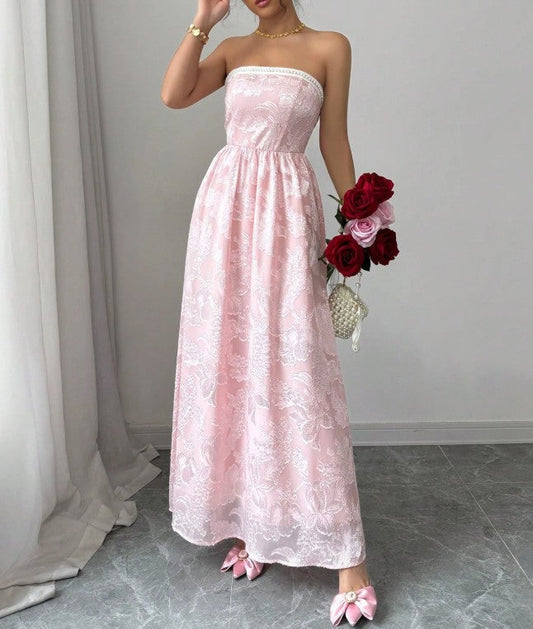 Precioso vestido de dama de honor rosa sin tirantes, de jacquard, corte A, espalda descubierta, ED02163