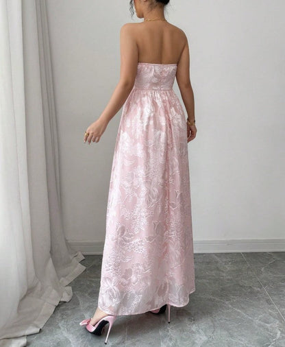 Precioso vestido de dama de honor rosa sin tirantes, de jacquard, corte A, espalda descubierta, ED02163