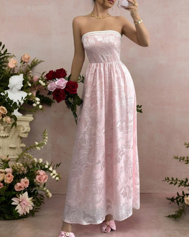 Precioso vestido de dama de honor rosa sin tirantes, de jacquard, corte A, espalda descubierta, ED02163