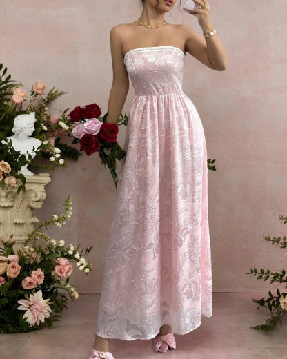 Precioso vestido de dama de honor rosa sin tirantes, de jacquard, corte A, espalda descubierta, ED02163