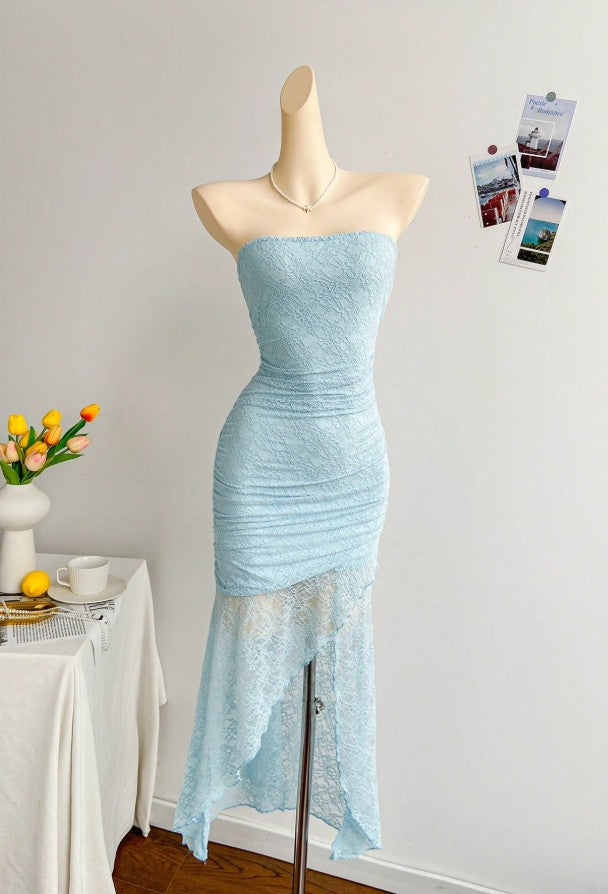 Hermoso vestido de fiesta corto ajustado de encaje azul real, sin tirantes ni espalda, vestido de noche ED02165