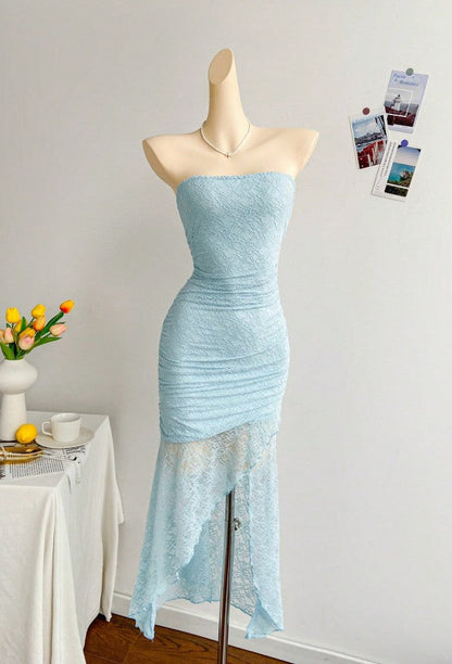 Hermoso vestido de fiesta corto ajustado de encaje azul real, sin tirantes ni espalda, vestido de noche ED02165