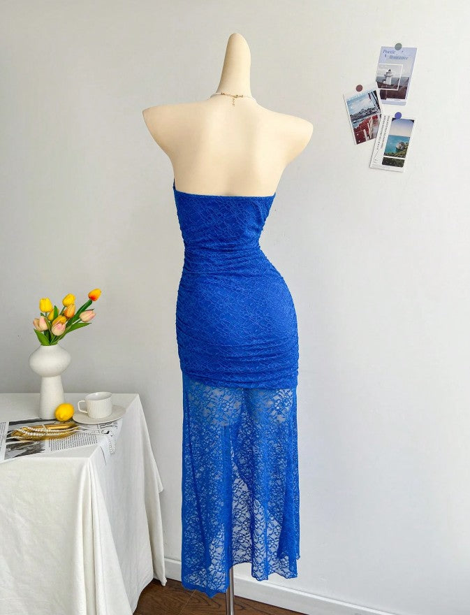 Hermoso vestido de fiesta corto ajustado de encaje azul real, sin tirantes ni espalda, vestido de noche ED02165