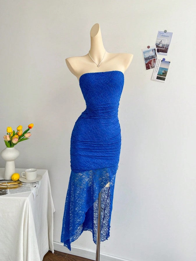 Hermoso vestido de fiesta corto ajustado de encaje azul real, sin tirantes ni espalda, vestido de noche ED02165