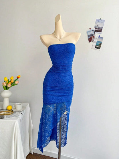 Hermoso vestido de fiesta corto ajustado de encaje azul real, sin tirantes ni espalda, vestido de noche ED02165