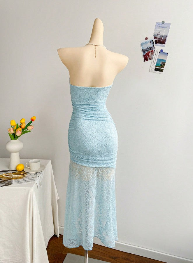 Hermoso vestido de fiesta corto ajustado de encaje azul real, sin tirantes ni espalda, vestido de noche ED02165