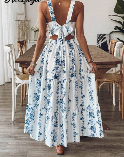 Vestido de mujer con tirantes florales, lazo y espalda descubierta, para cumpleaños, ED02171
