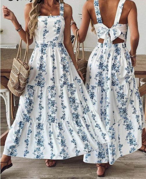 Vestido de mujer con tirantes florales, lazo y espalda descubierta, para cumpleaños, ED02171