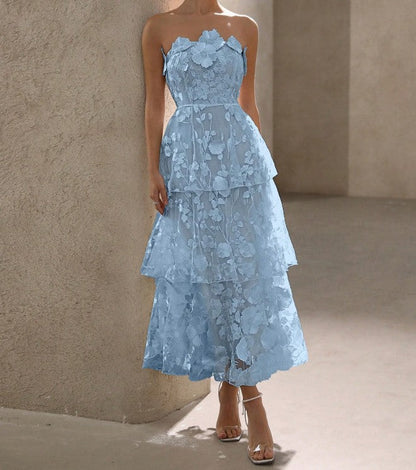 Vestido de novia vintage de corte A con apliques bordados de tul azul sin tirantes, elegante vestido de dama de honor ED02182