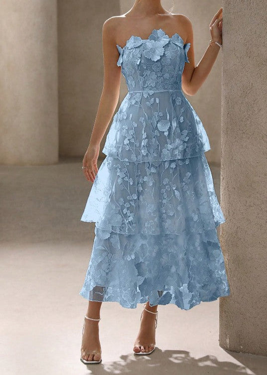 Vestido de novia vintage de corte A con apliques bordados de tul azul sin tirantes, elegante vestido de dama de honor ED02182